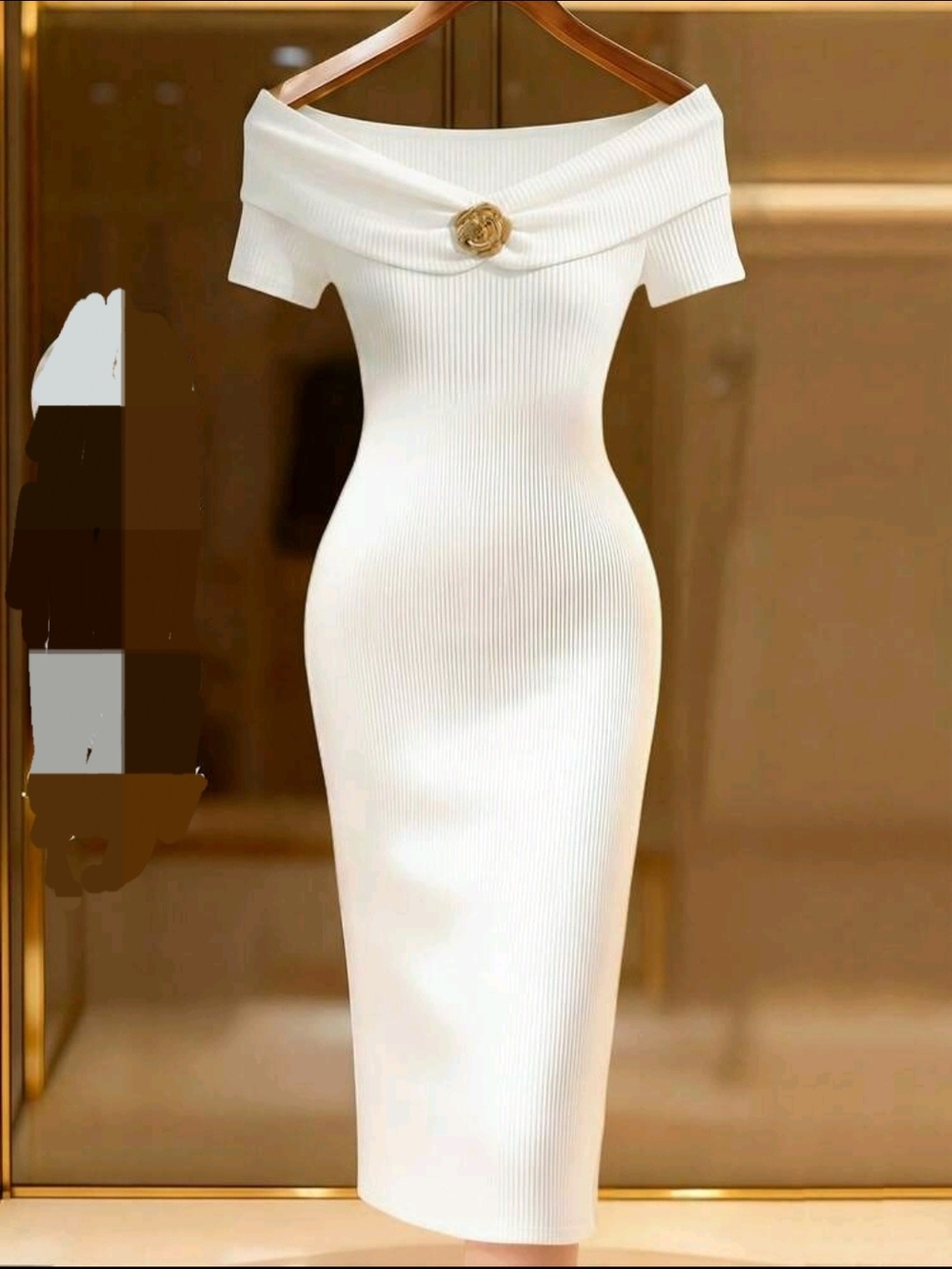 Elegant Off-Shoulder White Ribbed Midi Dress with Floral Accent
